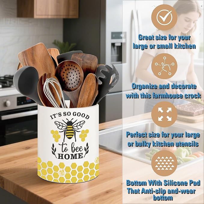 Bee Kitchen Decor, 6.5inch Ceramic Utensil Holder with Bee Design, Rustic-Style Indoor Kitchen Utensil Storage Rack, Ideal for Spoon Storage and Cooking Tools, Gift for Kitchen Organizers
