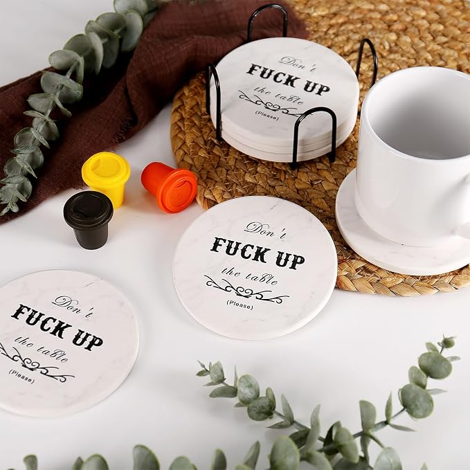 Funny Drink Coasters Ceramic Absorbent Coasters, Don't up The Table Unique Stone Drink Coaster with Cork Back for Coffee Table, Living Room, Family and Friends (Round-White, 6)