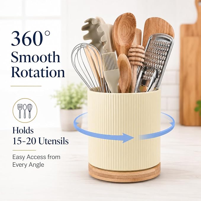 QUELIEN Utensil Holder, 360° Rotating Ceramic Kitchen Utensil Holder for Countertop, 7.7" Utensil Crock for Kitchen Counter with Rotatable Wooden Base,Ideal Housewarming Gift & Mothers Day Gift