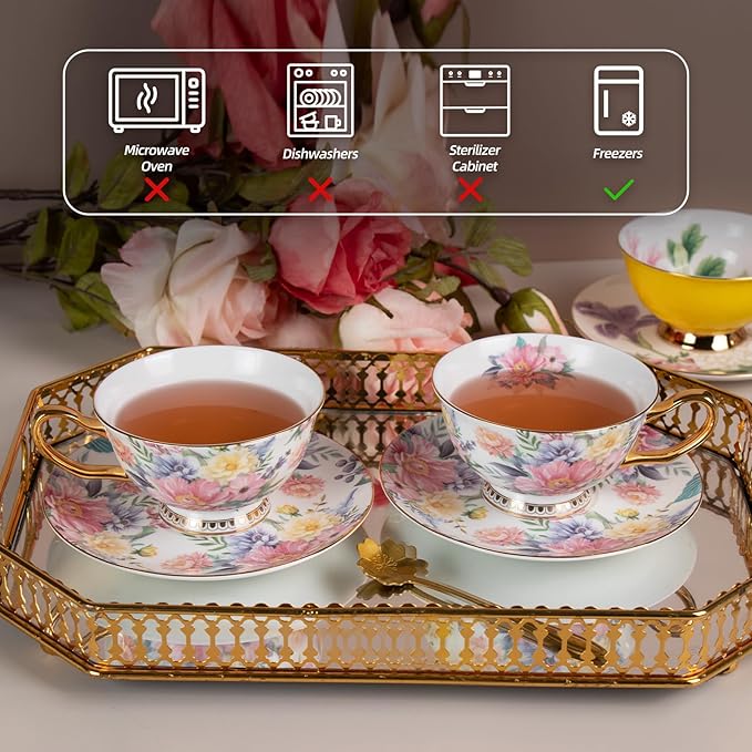 KAMMAK Tea Cups and Saucers Set of 2, Fine Bone China Coffee Cups, Stackable Espresso Mugs, Ceramic Demitasse for Coffee, Cappuccino, Latte, Americano, Tea, Blooming Flowers