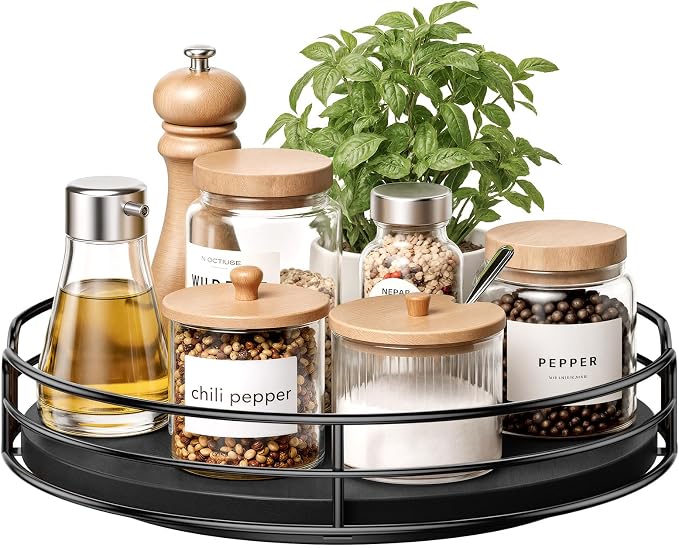 Optish 10" Lazy Susan Turntable for Table Top, Wooden Lazy Susan Organizer for Cabinet, Kitchen, Countertop, Pantry, Spice Organizer, Bathroom, Vanity, Table Decor, Black, Non-Slip Bottom