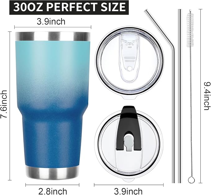 30 oz Tumbler with Lids and Straws Double Wall Vacuum Insulated Tumbler Cup,Stainless Steel Leak-proof Thermal Tumbler Travel Coffee Mug for Cold and Hot Drinks,Gradient Blue