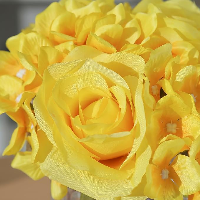 Rose Silk Flower Arrangement Artificial Vivid Rose in Glass Vase with LED Light Elegant Centerpiece for Home Wedding Bathroom Table Shelf Decoration (Yellow)