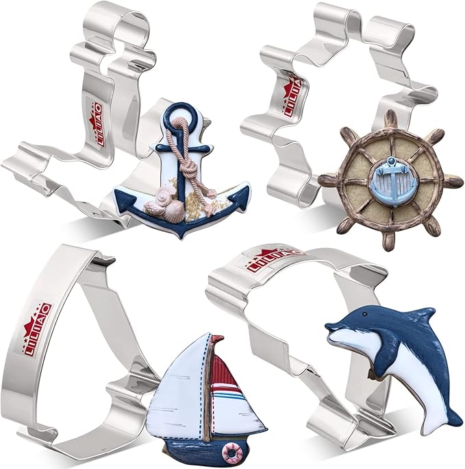 LILIAO Nautical Cookie Cutter Set - 4 Piece - Anchor, Sailboat, Rudder and Dolphin Biscuit Fondant Cutters - Stainless Steel