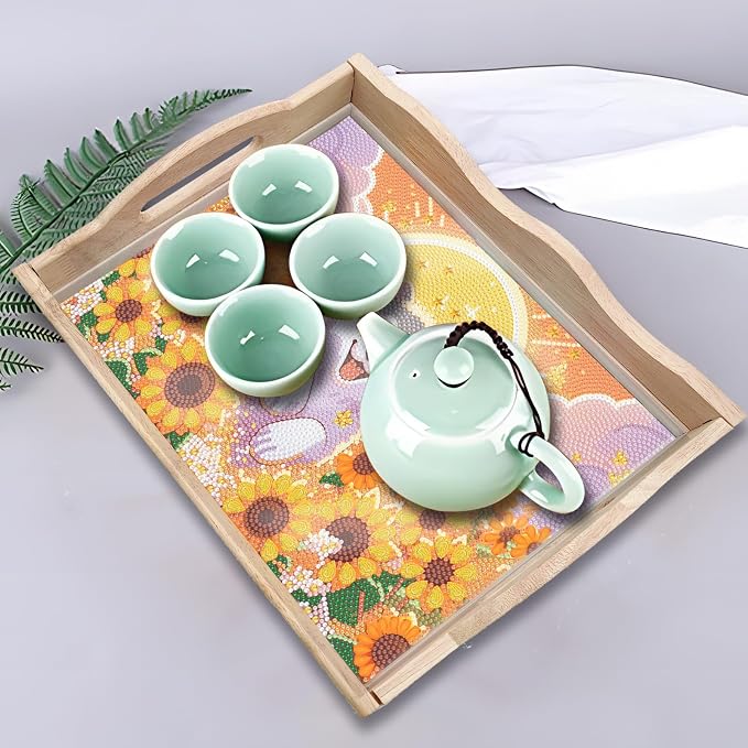 Generic DIY Diamond Serving Tray Rectangular Upgrade Increase Breakfast Tray with Handles Handmade Diamond Art Painting Wooden Tray Dinner Plate for Coffee Living Room Home Organizer-Puppy
