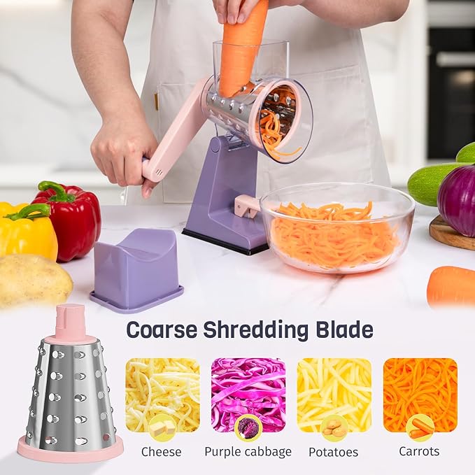 Upgraded Rotary Cheese Grater with 3 Interchangeable Stainless Steel Drums, One-Press Powerful Suction Manual Vegetable Shredder&Slicer for Kitchen, 15pcs Storage Bags Included, Pinkish Purple