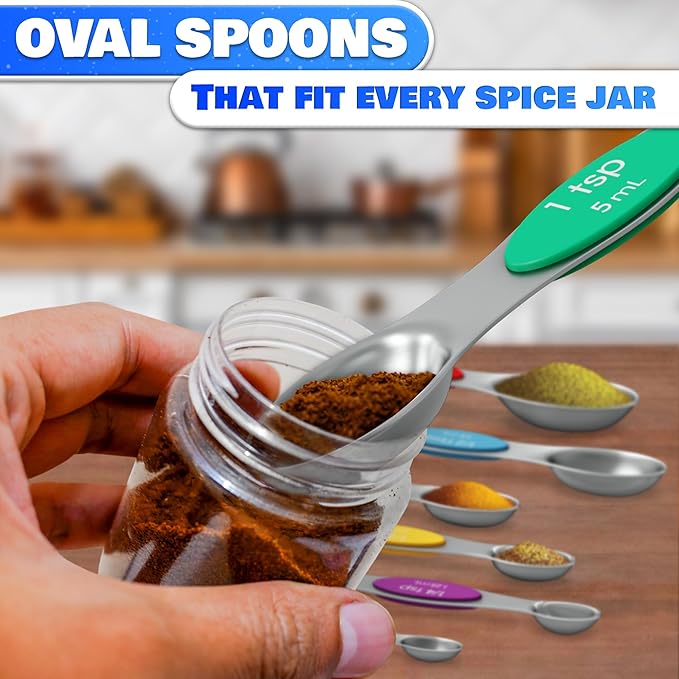8 Pcs Magnetic Measuring Spoons Set Stainless Steel – Magnet Measuring Spoons 1/8 Tsp–1 Tbsp with Dual-Sided Design – Fits Narrow Spice Jars | Dry & Liquid Ingredients | Kitchen Ladle Gift Ideas