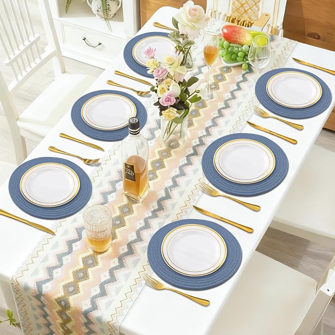 Round Placemats Set of 6, Cotton Rope Woven Table Mats, Hot Pads for Kitchen, Non Slip Heat Resistant Place Mats, 13 Inches Braided Placemat for Farmhouse Decor and Kitchen Table Decor (Blue)