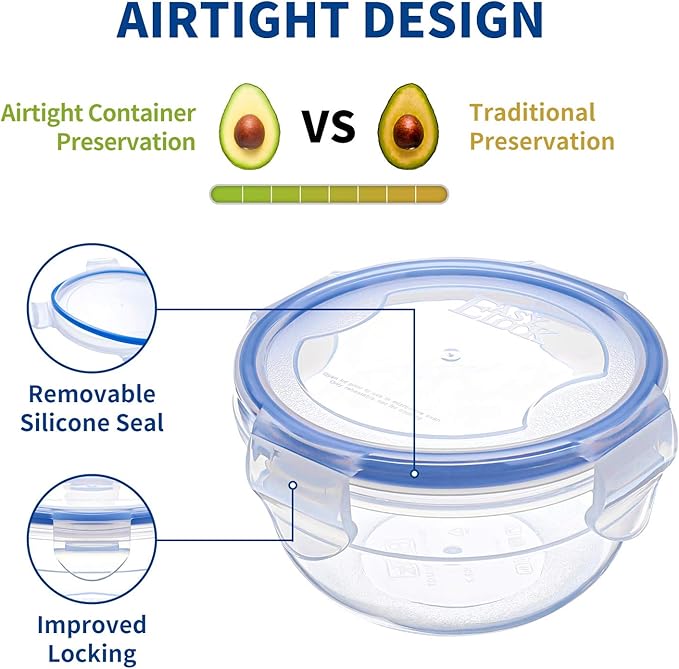 KIGI Round Food Storage Containers with Airtight Lids, Leak Proof Plastic Bowls for Lunch, Meal Prep, Fruit and Salad, 4-Sided Locking Lid, BPA-Free, 6 Piece Set, 1.25 Cup / 2.5 Cup / 4.3 Cup