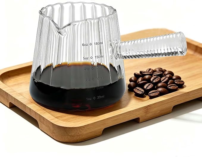 FANTESTICRYAN 6OZ Measuring Cup, Ribbed Borosilicate Glass Espresso Cup, V-Shaped Spout Drain Espresso Double Shots, Coffee Milk Tea Accessories (Clear, Glass Handle)