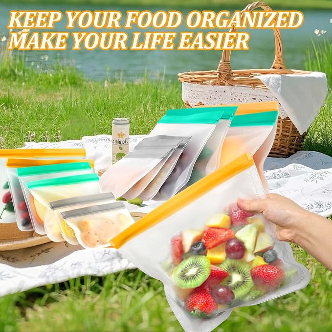Reusable Freezer Bags Food Storage Bags for Meal Prep Containers, BPA Free Food Storage Bags, Leakproof Reusable Food Bags Dishwasher Safe for Salad Fruit, Vegetables, 3 Gallon 4 Sandwich 1 Snack