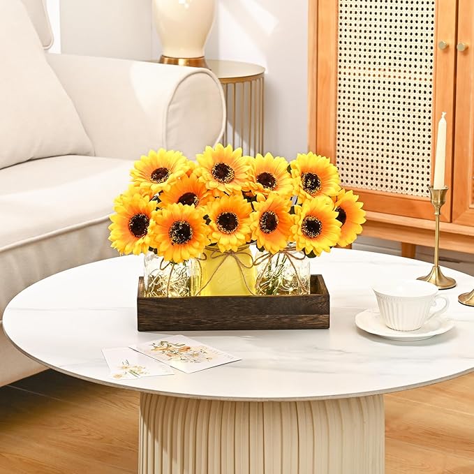 BLEUM CADE Centerpiece Table Decorations - Mason Jar Lights Centerpiece for Kitchen Dining Table Farmhouse Coffee Table Wedding Home Decor with 3 Jars Sunflowers Artificial Flowers & Wood Tray