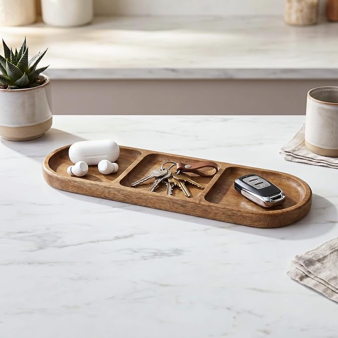 Small Wooden Tray | Acacia Wood Tray for Vanity, Bathroom Counter, Coffee Table & Toilet | Perfect for Jewelry, Key & Catch All | Mini Charcuterie Board Serving Platter (Oval 3-Compartment)