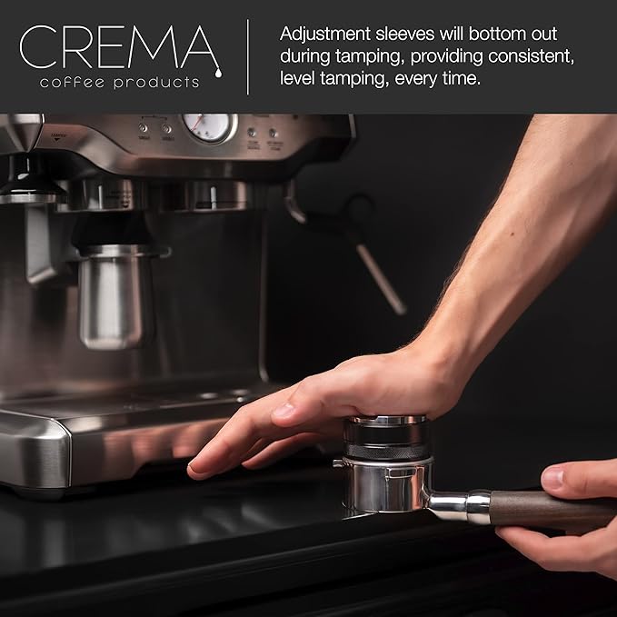 CREMA Coffee Products 53.3mm Hand Tamper & Coffee Distributor | Compatible with Breville Portafilters | Double-Sided, Adjustable Depth Tool | Made with Durable 304 Stainless Steel | Black
