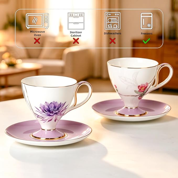 KAMMAK Ceramic Coffee Cups and Saucers Set of 2 – Handmade Porcelain Espresso Cups,8.45 oz Bone China Tea Cup with Water Lily & Winter Sweet Pattern, Elegant Demitasse for Latte, Americano, Cappuccino