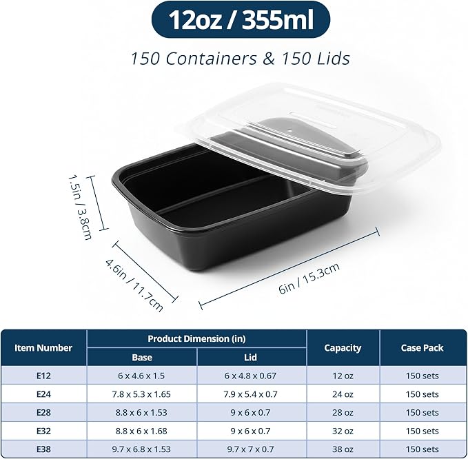 Tiya Meal Prep Containers with Lids - 150 Pack 12 oz BPA-Free Plastic Food Storage Containers Leak-Proof, Microwave, Dishwasher & Freezer Safe Reusable To-Go Boxes for Portion Control & Catering
