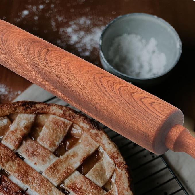 Classic Sapele Wooden Rolling Pin With Handles,Wood Baking Roller for Pizza, Pie, Bread, Pastry & Cookie Dough （17''L x 1.77"W)