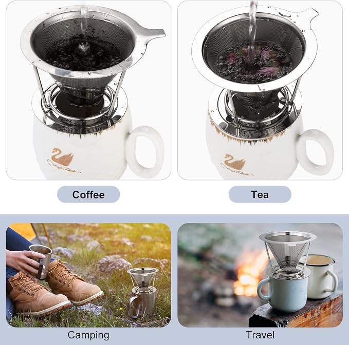 Pour Over Coffee Maker,Coffee Filter,Slow Drip Paperless Stainless Steel Cone Coffee Dripper(1-2 Cup)