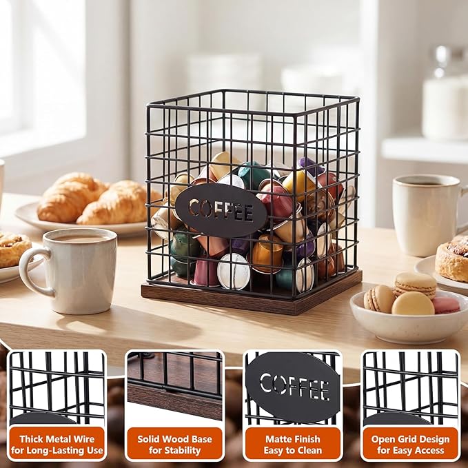 LemonRoad 2 Pack Coffee Pod Holder Organizer Metal Pod Storage Basket with Wood Base Black Large Capacity Capsule Holder for Kitchen Counter Coffee Bar Accessories Office Desk Supplies