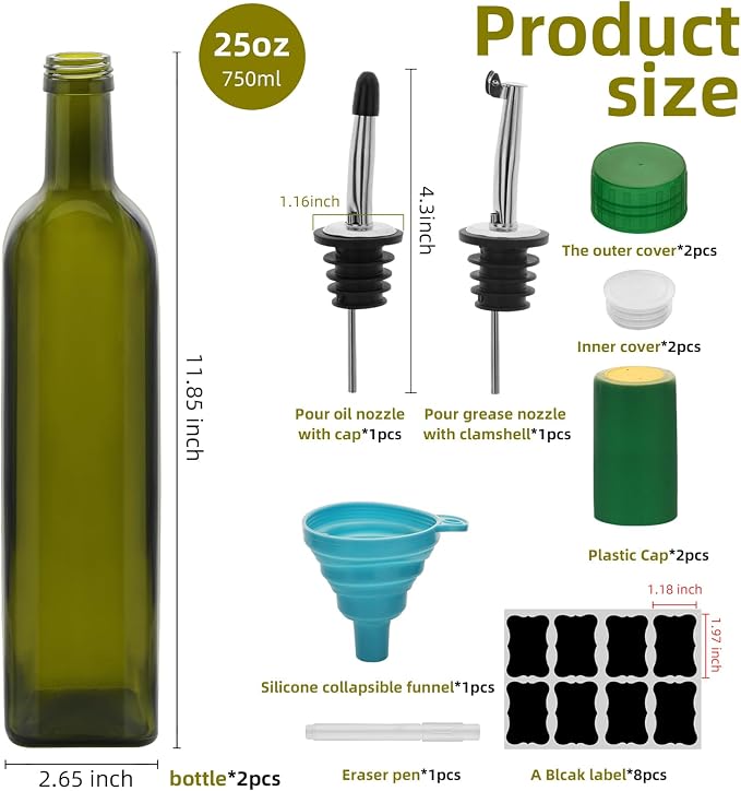 2Pcs 25 oz Olive Oil Dispenser Bottle,750 ml Glass Oil and Vinegar Dispenser Set with Pourers and Funnel ，Oil Bottles for Kitchen Large capacity oil bottles (Green 2pcs)
