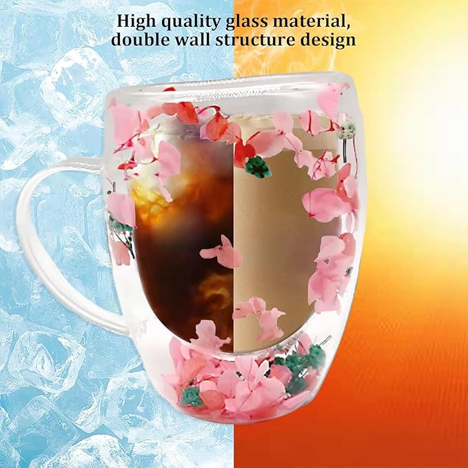 Dried Flowers Double Wall Glass, 350ml Coffee Mugs Cute Glass Tea Cups with Handles,Aesthetic Dried Flowers Cups with Handles,Insulated Coffee Cup Unique Gifts for Women