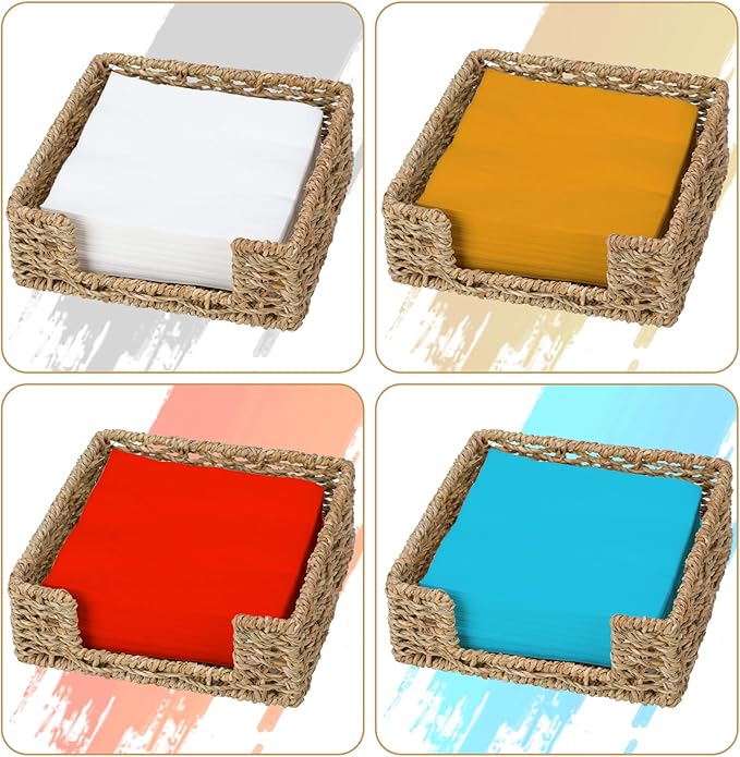 Graciadeco Ratten Napkin Holder for Table, Square Seagrass Serving Tray for Paper Napkins Kitchen Restaurant Dinner Wicker Baskets 7.8" x 7.8" x 2.8"