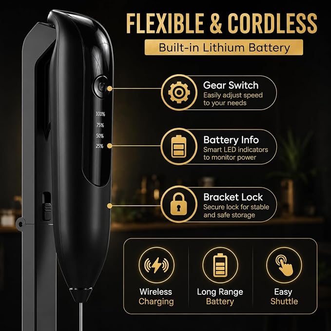 GOCHA Rechargeable Milk Frother, USB-C Electric Milk Foamer Handheld, Double Spring Whisk, 2-Speed Foam Maker for Coffee, Latte, Cappuccino, Matcha, Hot Chocolate, Stand Included (Black)