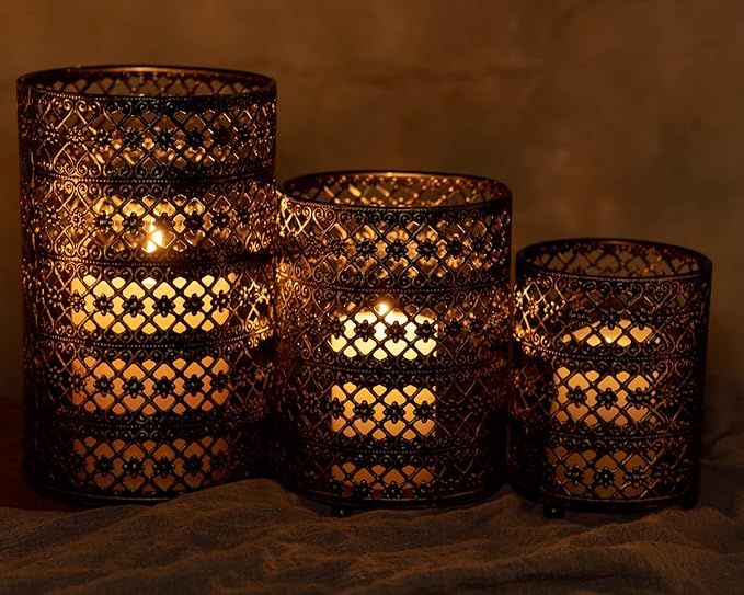 Metal Candle Holders Set of 3, Decorative Tealight Candle Holder Sets, Candlestick for Pillar Vintage Style Perfect for Tabletop Centerpieces Home Decor Wedding Parties Events