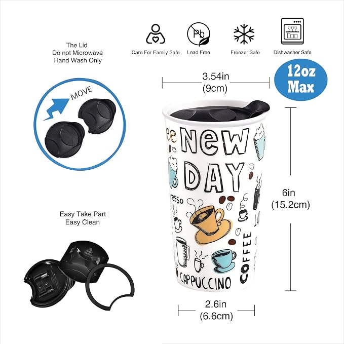 Ceramic Travel Coffee Mug, 12 oz, Portable, Travel Mug with Lid, Double Wall Tall Cup, To Go Tumbler for Car Cup Holder, Splash Resistant Lid, Dishwasher Safe, Gifts for Women Men Her Him (New Day)