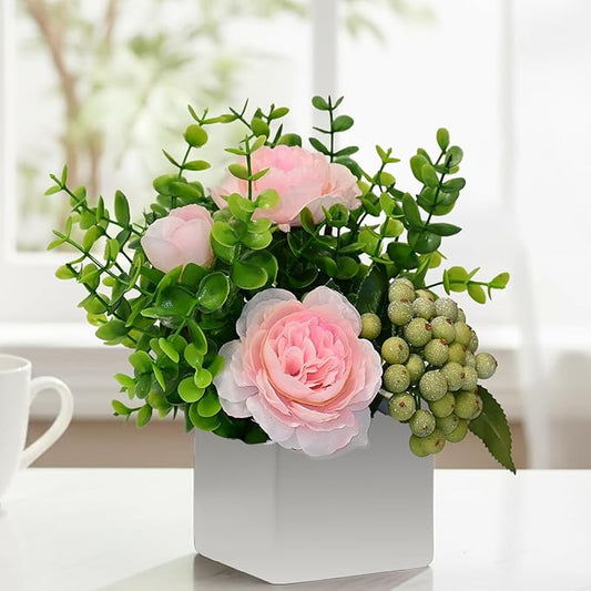 Pink Artificial Rose Eucalyptus Berry Faux Floral Table Home Bathroom Decor | Faux Floral Decor with Eucalyptus Leaves Frosted Green Berries, Small Potted Plant for Office Desk Indoor Home Decorations