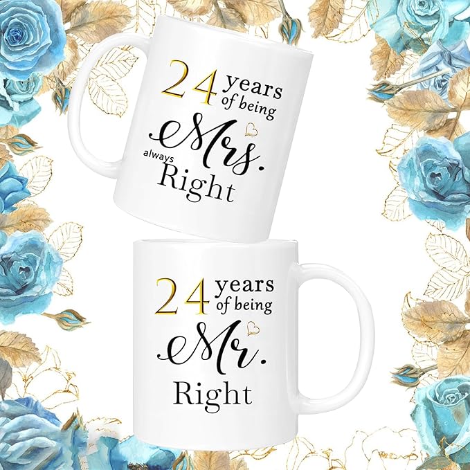 24th Anniversary Coffee Mugs Set of 2, 24 Year Anniversary Wedding Gifts Decorations for Couple Parents Men Women Husband Wife Him Her, Gift Box Packaging, 11oz