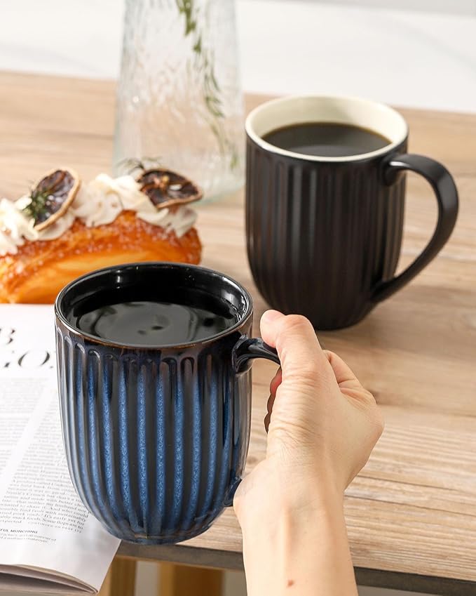 HASENSE 20 Oz Ceramic Coffee Mug with Handle, Large Black & Navy Blue Porcelain Latte Cup for Coffee, Tea, Hot Cocoa, Ribbed Tea Mug Set of 2, Microwave & Dishwasher Safe, Birthday Gifts for Women