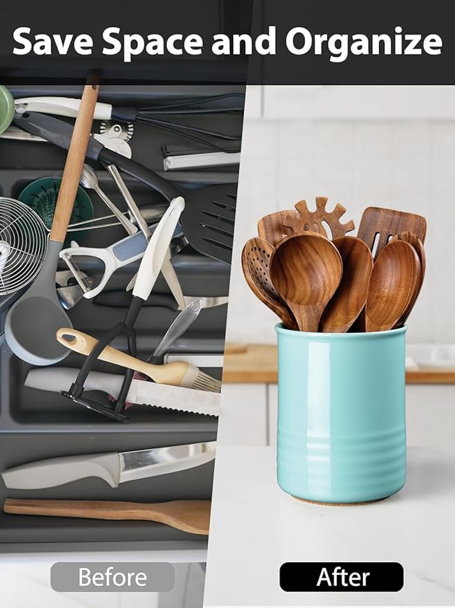 ABRUTY Utensil Holder, 6.7" Ceramic Kitchen Utensil Crock for Countertop Cooking, Modern Utensil Caddy Jar Organizer for Farmhouse Kitchen Counter Décor, Turquoise