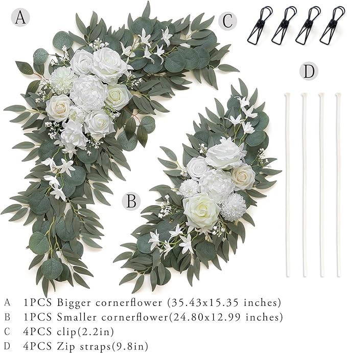 Olalaka Artificial Flower Swag Set of 2 for Wedding Welcome Signs Floral Decorations, White Wedding Arch Flowers for Wedding Ceremony