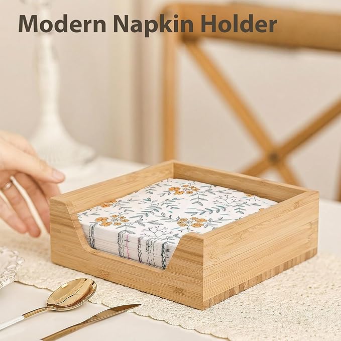 Bamboo Napkin Holder, 7.36" x 7.36" x 2.16" Napkin Holder for Table with Large Side Opening for Easy Access, Large Storage Square Napkin Dispenser, Home Kitchen Dining Tabletop Decor