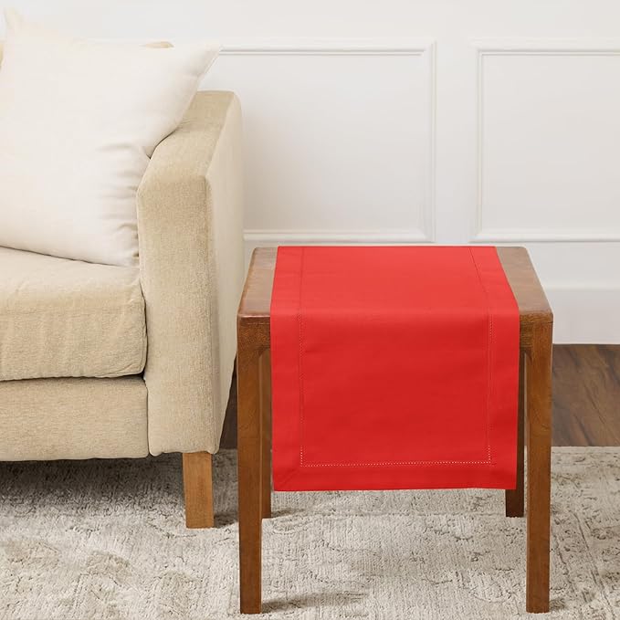 Solino Home Cotton Linen Table Runner 36 Inches - Poppy Red Hemstitch Table Runner 14 x 36 Inch Ideal for Dresser and Coffee Tables, 4th of July