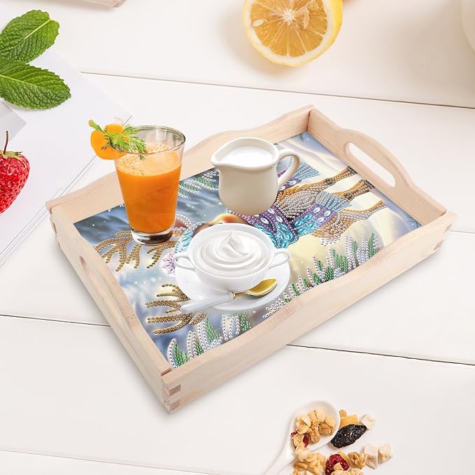 DIY Diamond Serving Tray Rectangular Breakfast Tray with Handle Handmade Diamond Art Painting Wooden Tray for Dinner Plate Coffee Room Living Home Organizer-Deer