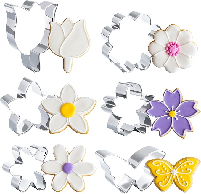 Flower Cookie Cutter Set 6Pcs Summer Flowers Cookie Cutters-Daisy, Tulip, Butterfly Biscuit Fondant Molds Stainless Steel Cookie-Cutters for Christmas DIY Baking Tool Party Favors