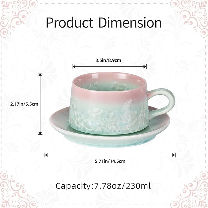 KAMMAK Tea Cups and Saucers set of 2, Porcelain Coffee Cups, 7.7oz Crystalline Glaze Espresso Mugs, Ceramic Demitasse for Coffee, Cappuccino, Latte, Americano, Tea (Pink and Green)