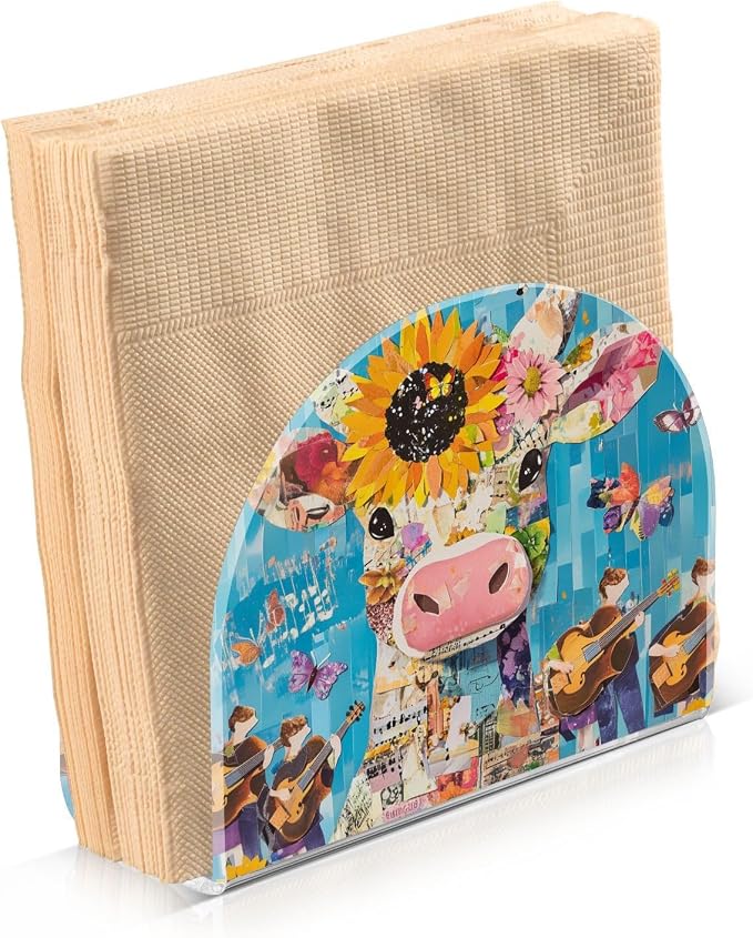 Fustylead Cute Cow with Sunflower Butterfly Napkin Holder for Table Acrylic Vertical Napkin Holders for Paper Napkins Decor Napkin Dispenser for Home Party Dining Cocktail Kitchen Accessories, 2 Pack