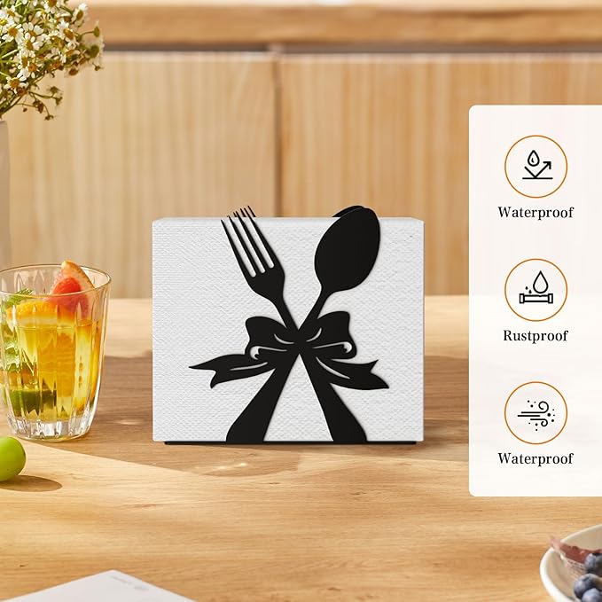 Modern Standing Napkin Holder for table, Black Metal Napkin Dispenser, Fork, Spoon Theme Style Napkin Holder, Suitable for Kitchen, Coffee Shop, Dining Room