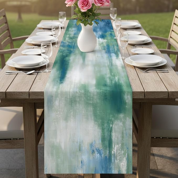 Blue Green Table Runners 60 Inches Long, Cotton Linen Fabric Table Runner Dresser Scarf, Modern Abstract Minimalist Texture Watercolor Tablerunner for Party/Kitchen/Dinner/Wedding Decor 13"x60"