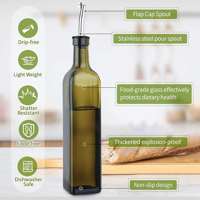 Olive Oil Dispenser Bottle, 2 Pcs Green Glass Oil Bottle for Kitchen, Oil and Vinegar Dispenser Set with Pourers and Funnel -17oz Green Olive Oil Bottle Dispenser
