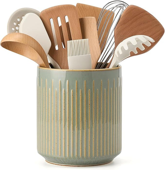 JIEMEI HOME Kitchen Utensil Holder, Ceramic Stable Utensil Crock for Countertop, 7.2" Large Utensil Organizer with Cork Mat, Removable Bamboo Divider for Kitchen Décor and Accessories, Wild Sage Earth