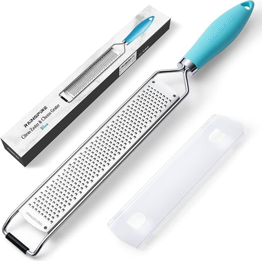Rainspire Zester Grater with Handle, Lemon Zester Cheese Grater for Kitchen Stainless Steel, Parmesan Cheese Garlic Nutmeg Chocolate Fruits Vegetables Ginger Grater, Fine, Blue