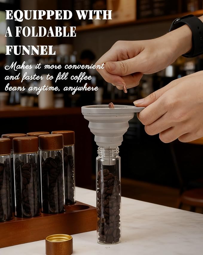 Coffee Espresso Bean Storage Tubes Set – 12pcs 60ml Airtight Glass Single Bean Coffee Storage Tube with Bamboo Lids & Walnut 12-Slot Stand, Espresso Container with Funnel & Labels for Barista