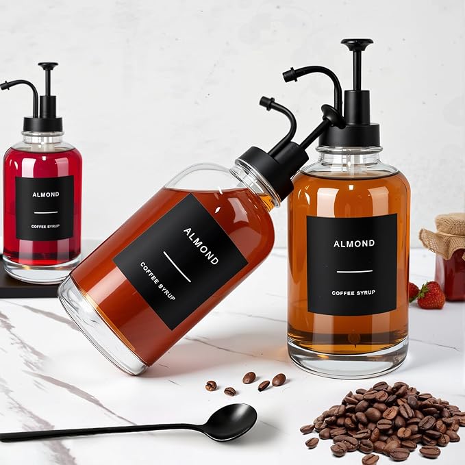 Coffee Syrup Dispenser for Coffee Bar, Set of 4 Simple Glass Syrup Bottle w. Pump and Labels, 16.9 oz 500ml Syrup Pump Dispenser, Syrup Dispenser w. Tray & Coffee Scoop