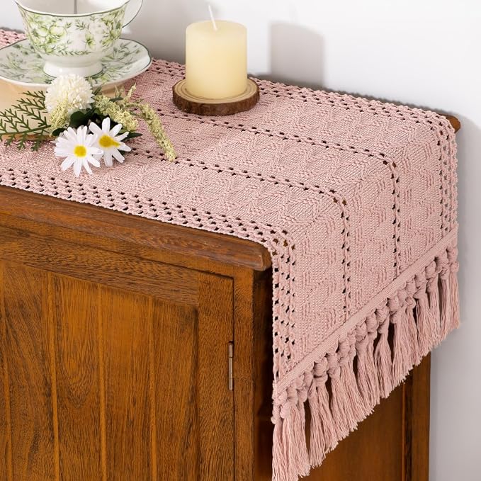 Socomi Boho Table Runner Summer Farmhouse Rustic Dining Kitchen Centerpiece Decor Small Macrame Woven Cotton Linen Coffee Table Runner for Dresser Scarf Home Decor 12x48 in Pink