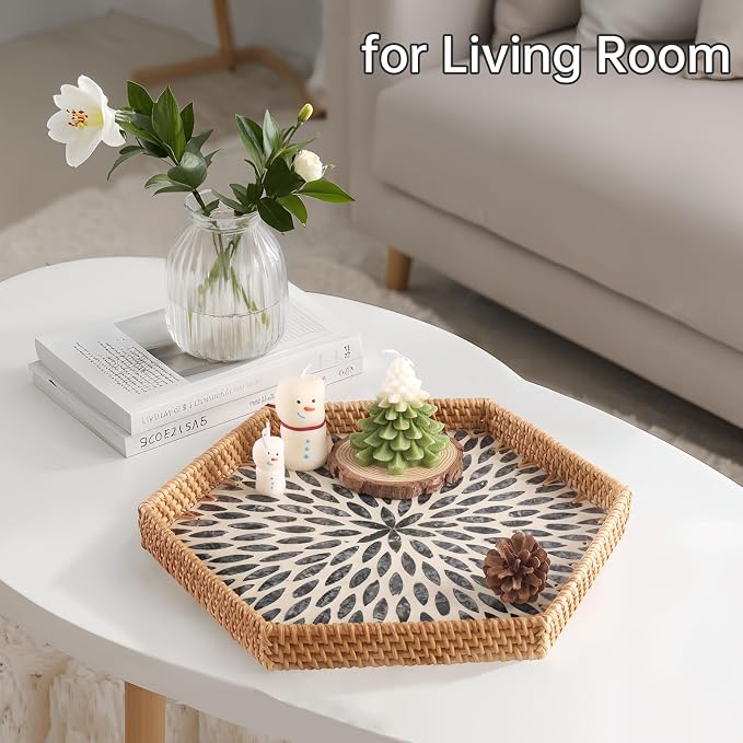 Hexagon Rattan Tray with Mother of Pearl Inlay, Rattan Serving Tray for Coffee, Bread, Fruits, Snacks, Decorative Wicker Tray for Table Decor, Home Decor (Black Leaves, 14.5"×12.8")
