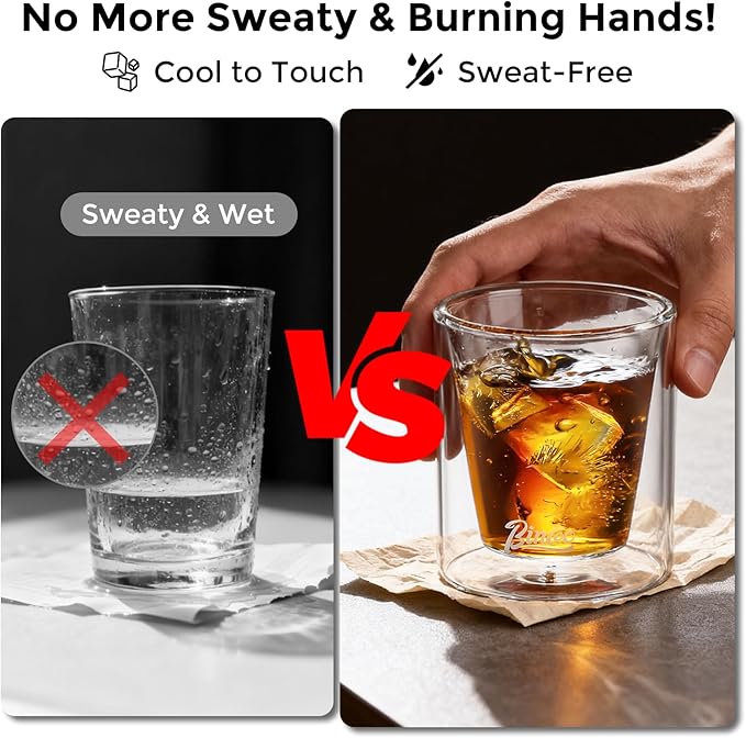 Bincoo Double Wall Glasses - 120ML Clear Insulated Coffee Drinking Glass for Hot and Cold Liquids, Whiskey, Bourbon, Vodka, and Scotch Borosilicate Clear Glass